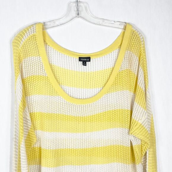 Torrid Plus Size 1X Sweater Yellow White Striped‎ Sheer Scoop Knit Pullover 948 - Picture 6 of 7